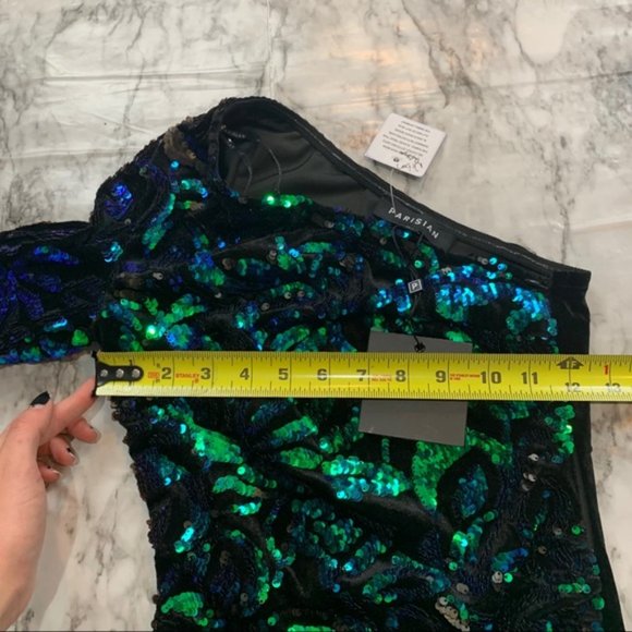 Parisian Sequin Blue Green One Sleeve Dress size 2 - Picture 2 of 7